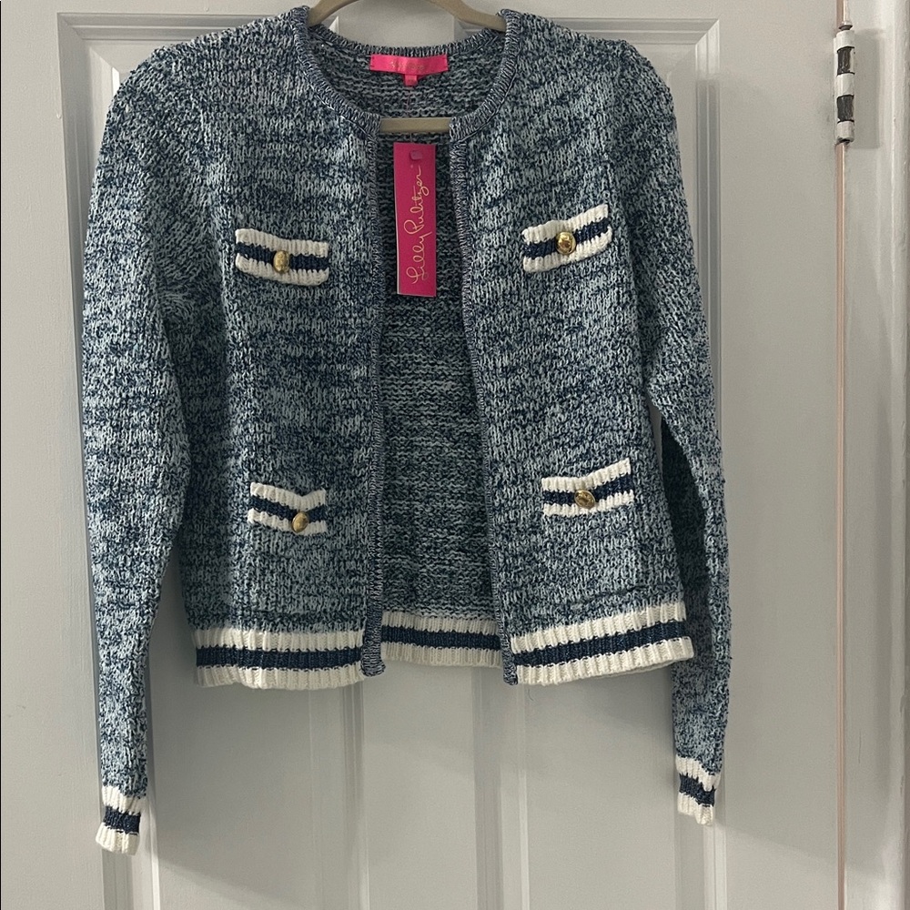 🦄 HTF RARE Lilly Pulitzer Beckington Cardigan Abaco Blue Marl Knit Medium NWT